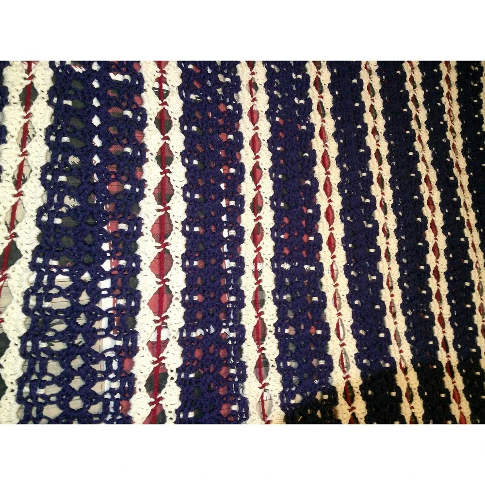 Vintage Handmade Crochet Blanket Patriotic Red White Blue Large Queen Size 96x88
